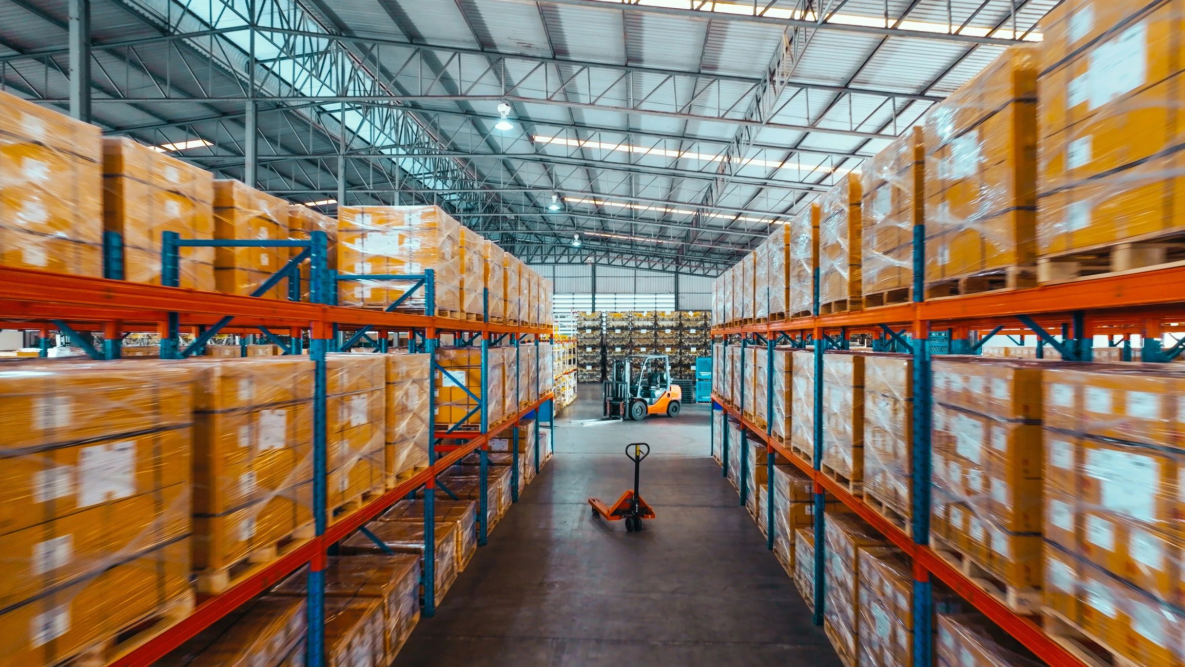 Warehouse shelves and packaged goods in a logistics facility